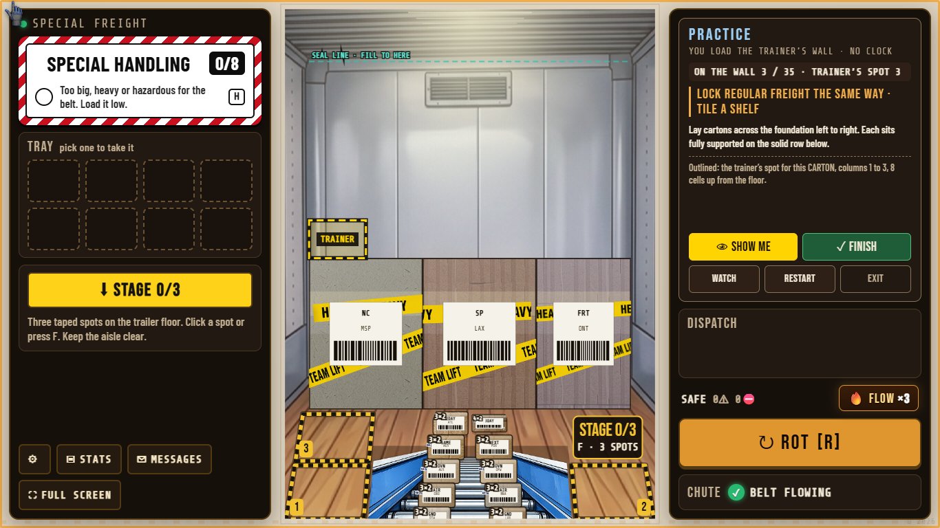 Practice: the trainer's three appliances loaded, the coach at right, and SHOW ME outlining where the trainer put the next carton.