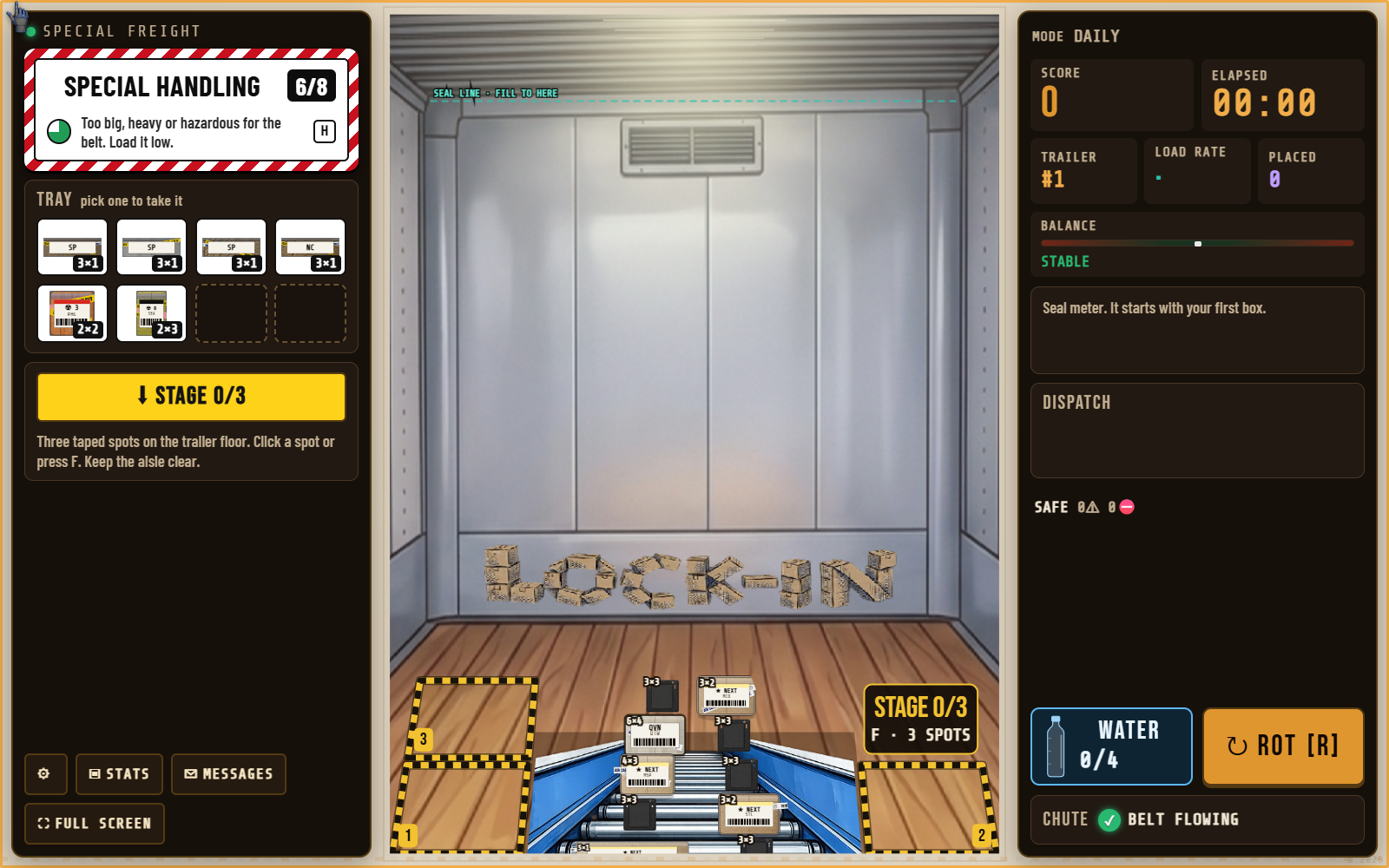 The full simulator screen: the belt up the middle, the special handling rack, the staging spots on the floor, and the readouts.