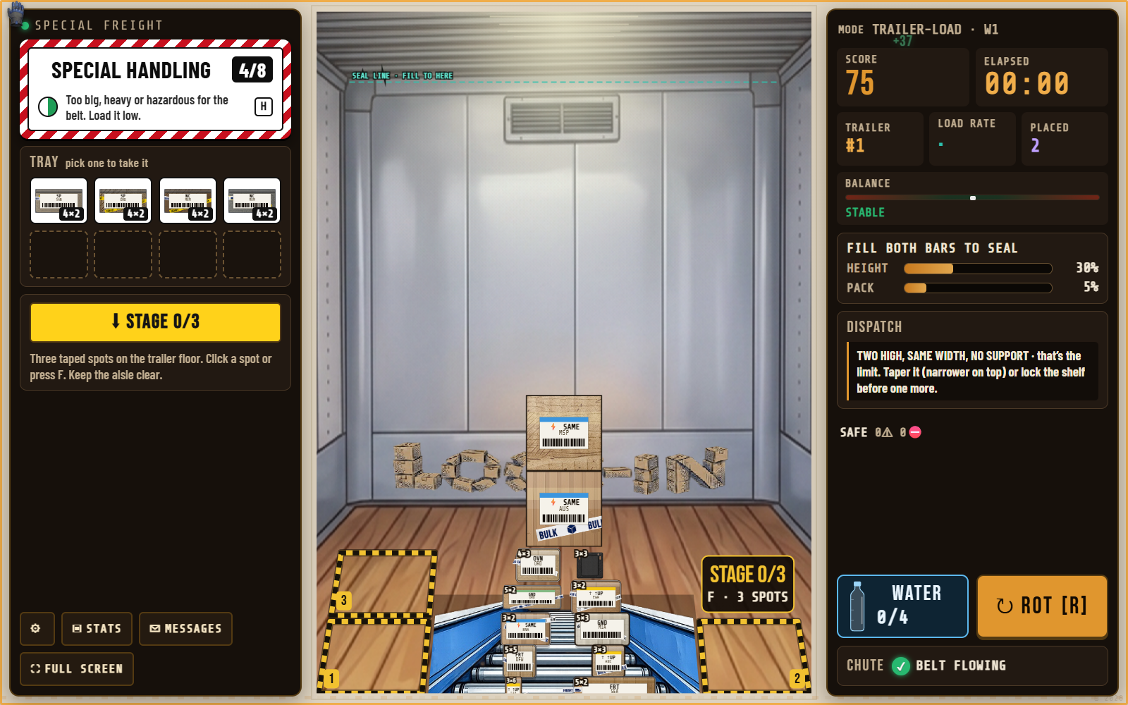 The warning shown at two boxes high with no support.