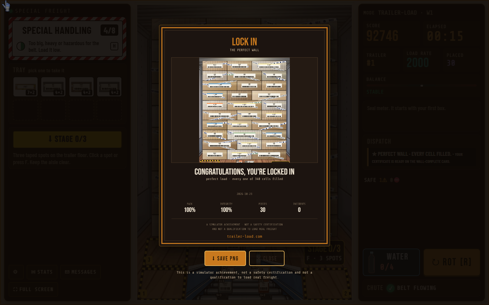The LOCK IN certificate for a perfect wall: 100% packed, integrity 100%, 30 pieces, 0 incidents.
