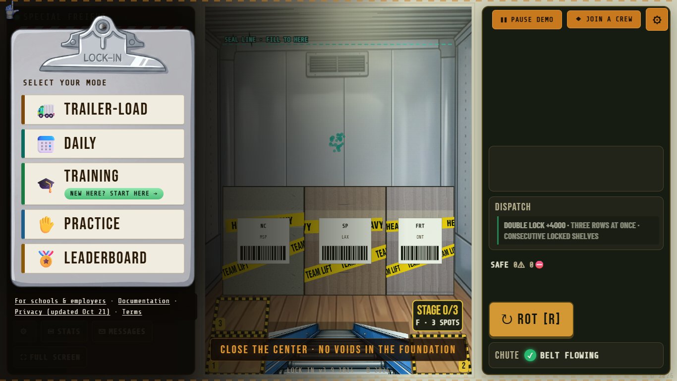 The LOCK IN menu: TRAILER-LOAD, DAILY, TRAINING, PRACTICE and LEADERBOARD, with JOIN A CREW at top right.
