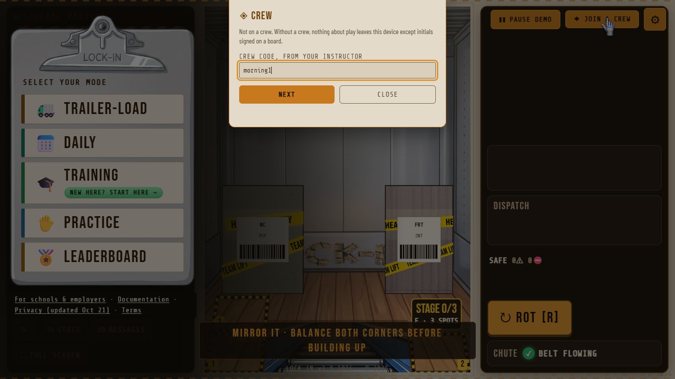 The crew panel asking for the crew code.